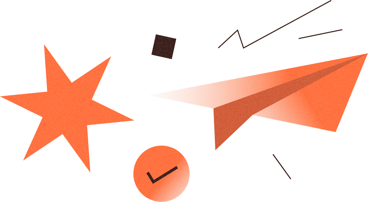 Abstract design with star, paper airplane, and checkmark circle on black background.