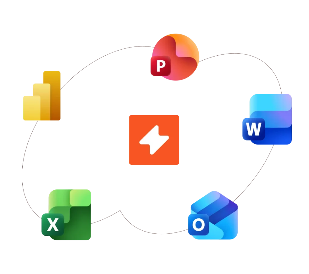UpSlide logo surrounded by Microsoft Office icons: Excel, PowerPoint, Word, Outlook, and Charts.