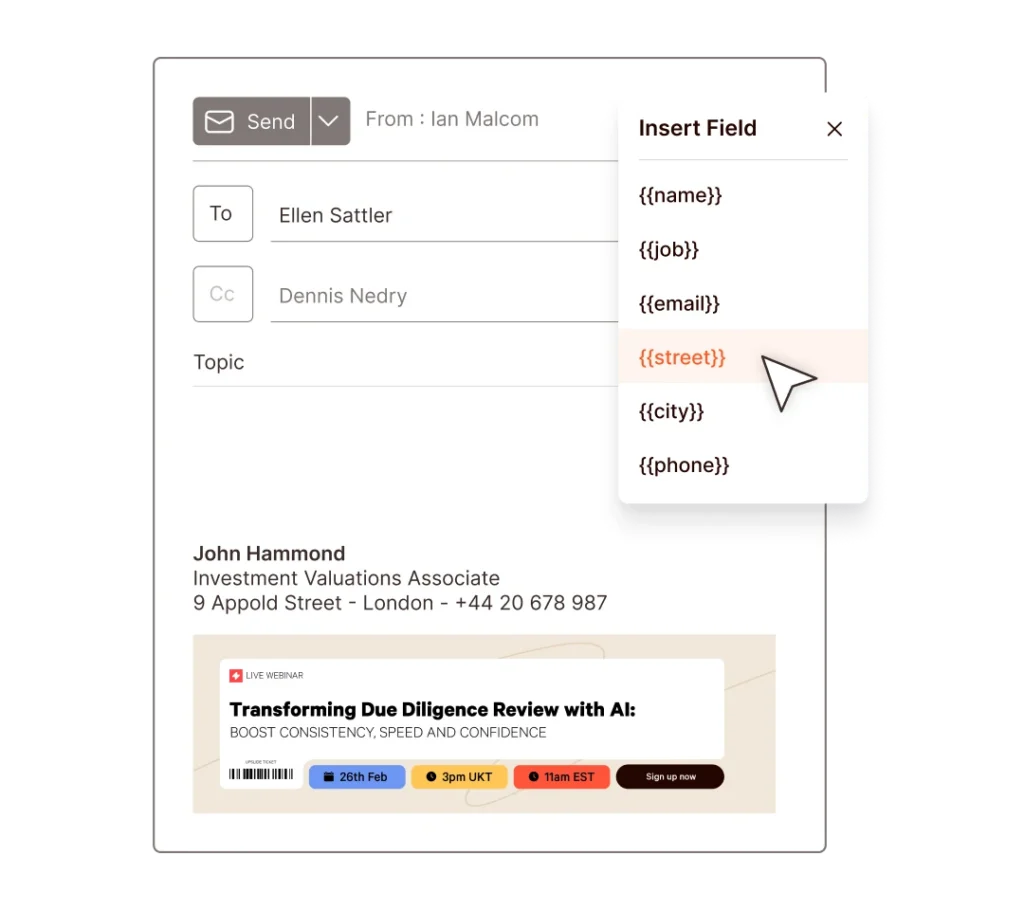 Email signature with merge fields for Outlook Signature Manager, showing name, job, email, street, city, and phone.