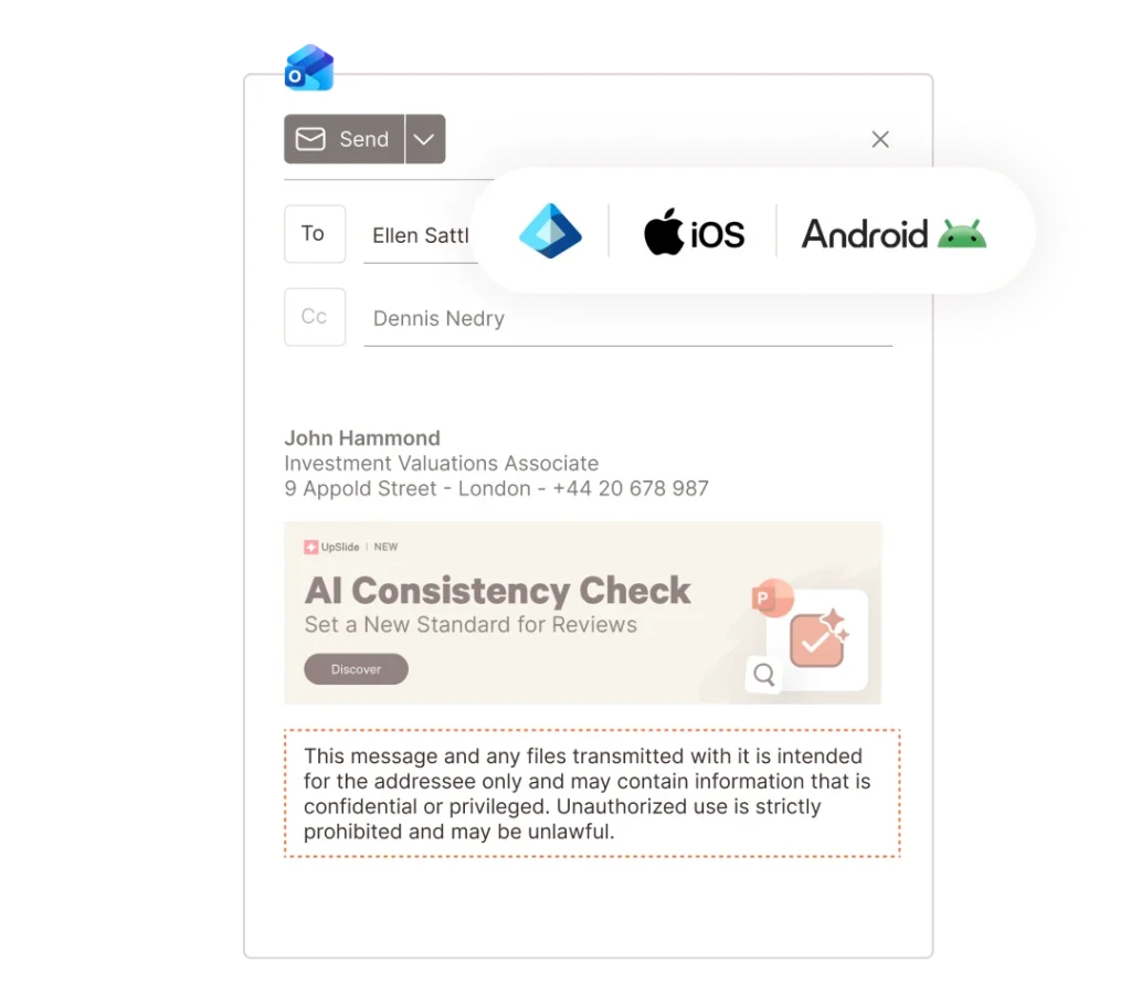 Email signature in Outlook with "AI Consistency Check" feature. Outlook signature manager.