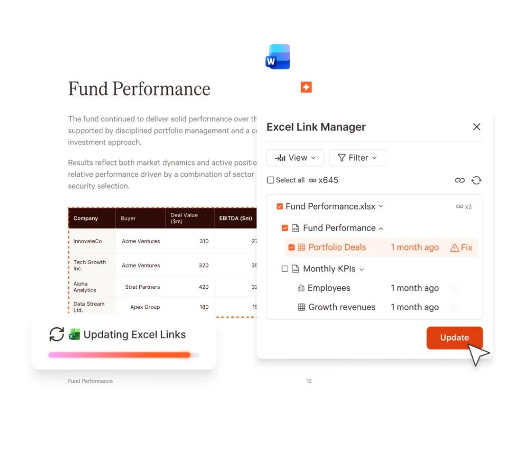 UpSlide Excel Link Manager showing fund performance data with update options.