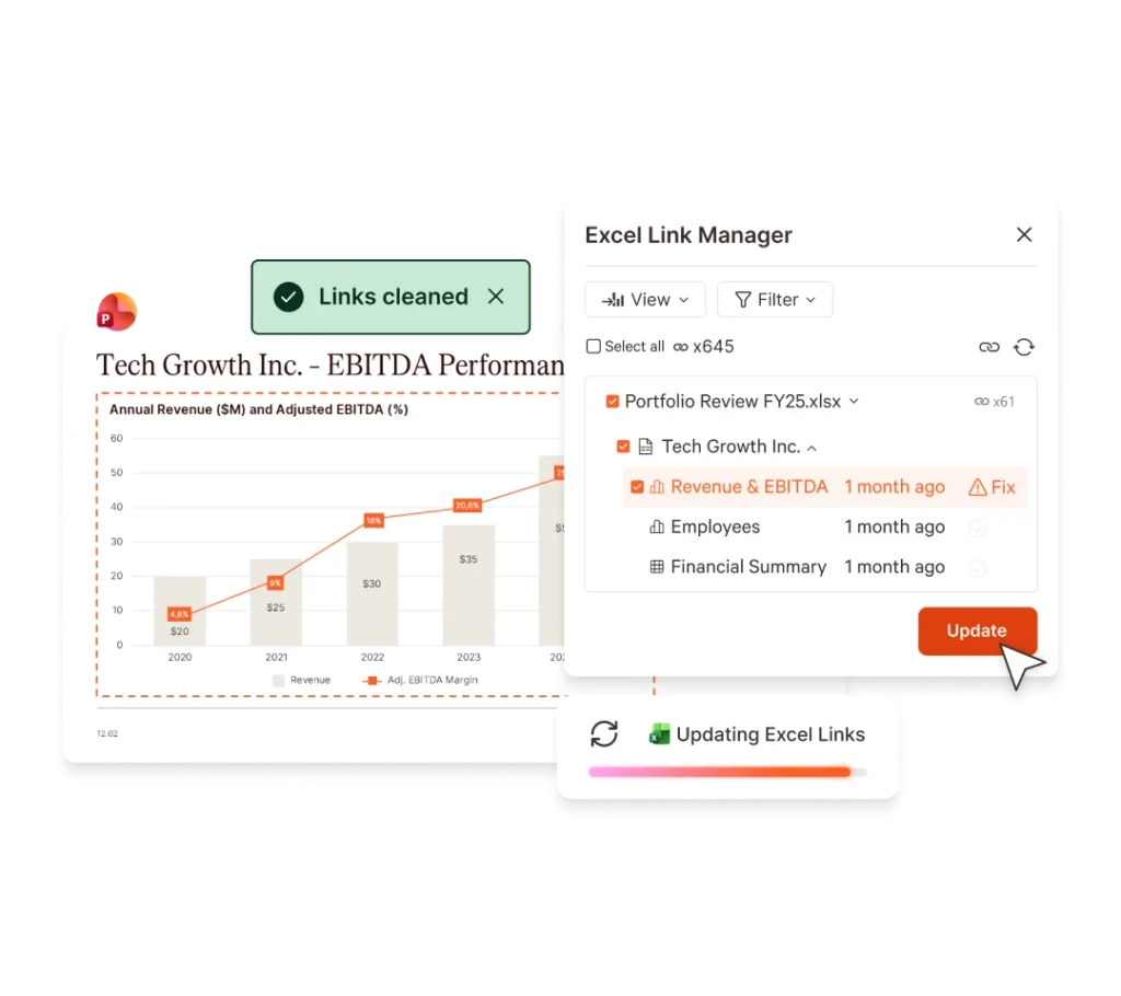 Screenshot of UpSlide's Excel Link Manager showing a performance chart, links being updated, and options to filter and fix links.