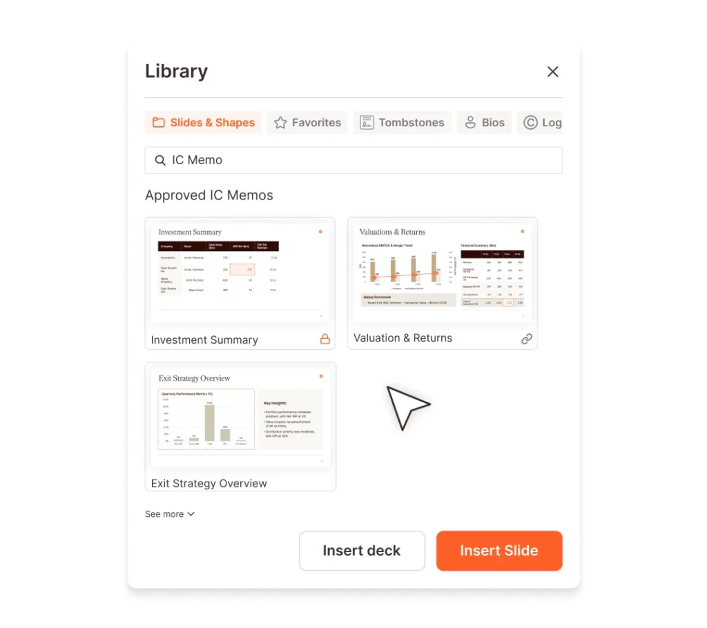 UpSlide library interface showing IC Memo slide templates: Investment Summary, Valuation & Returns, Exit Strategy Overview.