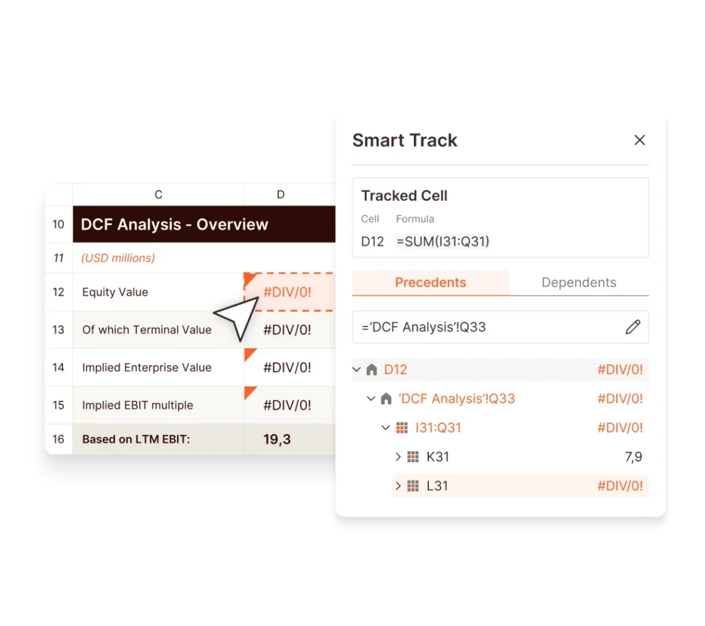 DCF Analysis overview in a spreadsheet with UpSlide's Smart Track feature highlighted.