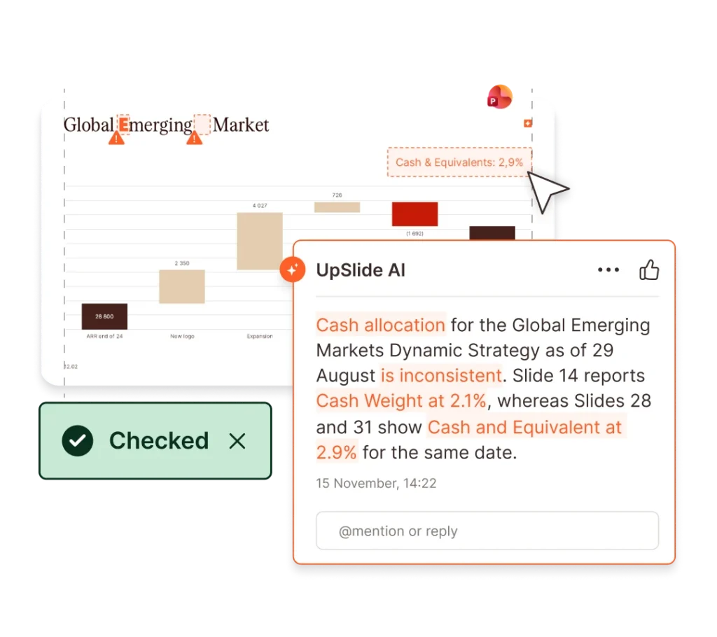 UpSlide AI flags inconsistent cash allocation in a "Global Emerging Market" report, noting a discrepancy in cash weight percentages.