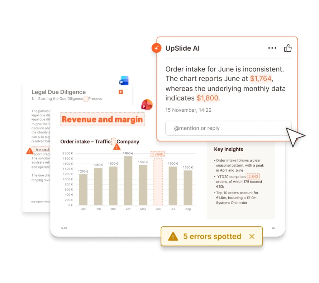 UpSlide AI spots errors in legal due diligence and order intake reports, flagging inconsistencies in data.