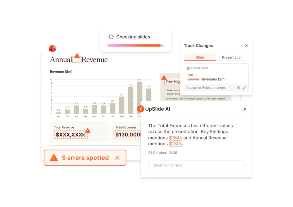 UpSlide AI: Presentation slide review flagging errors and tracking changes.