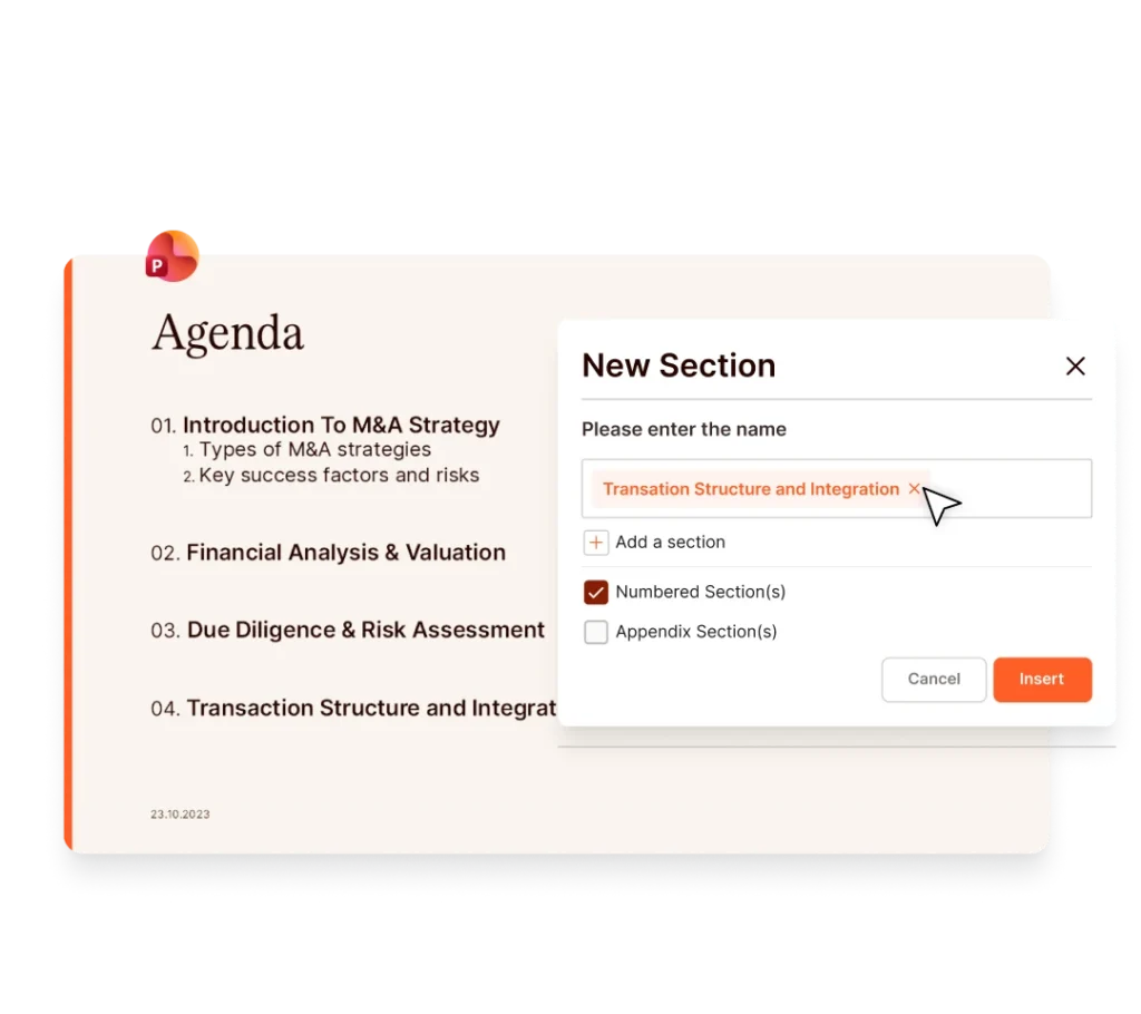 M&A strategy agenda slide with "Transaction Structure and Integration" section creation.