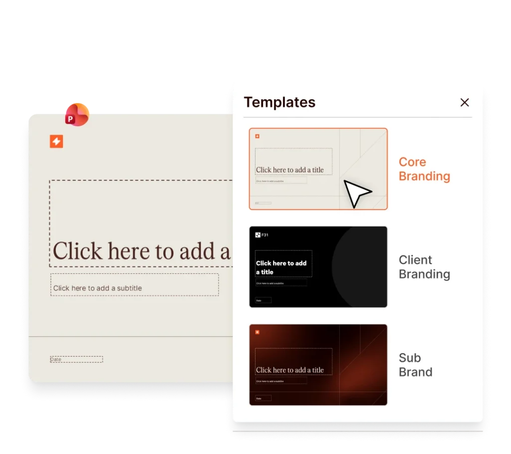 Presentation templates with Core, Client, and Sub Brand options. "Click here to add a title" text is visible.