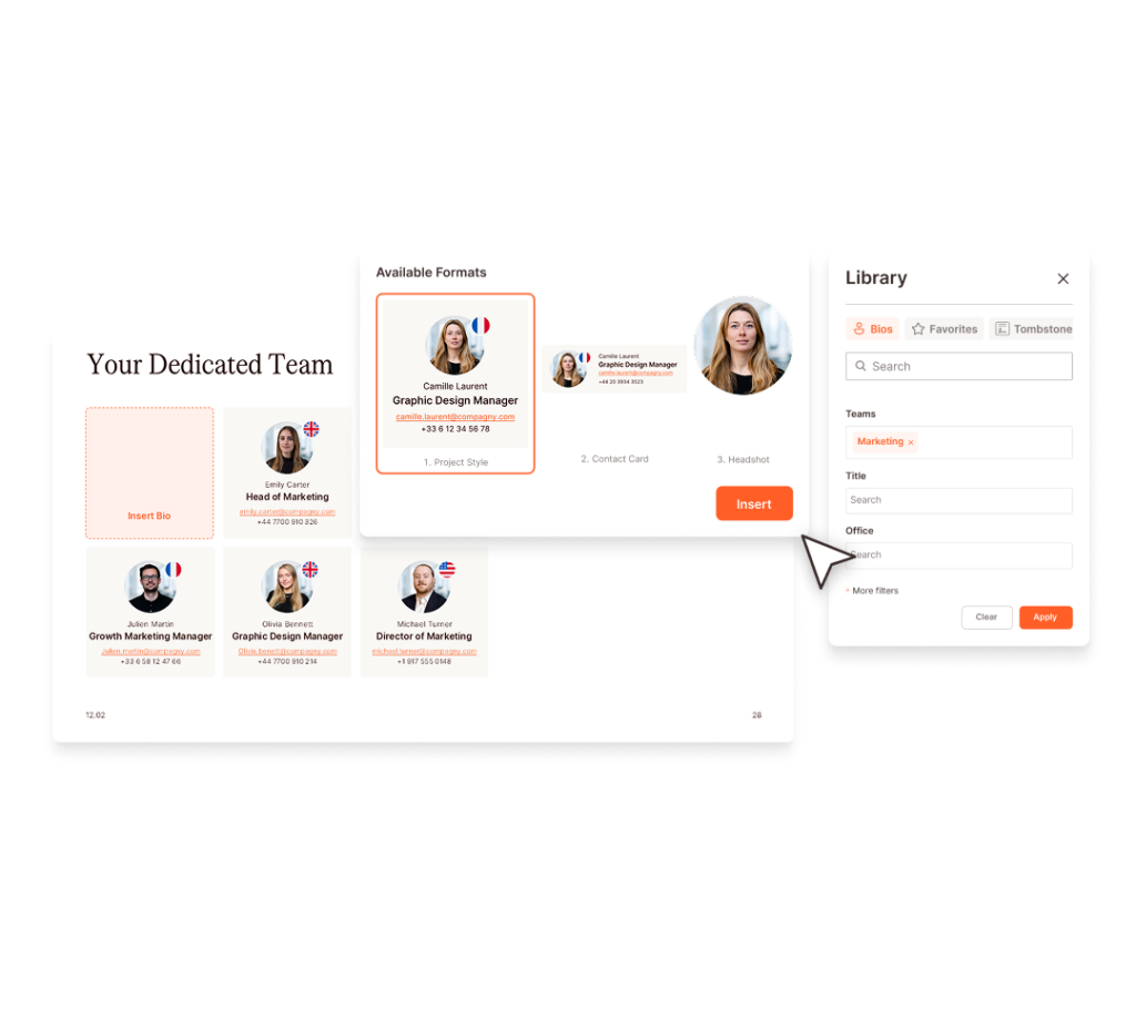 Team directory software interface showing profile options and search filters.