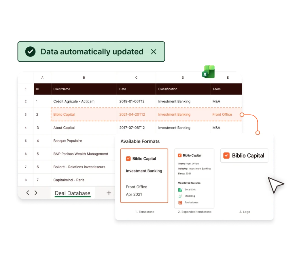 Deal database showing Biblio Capital data, investment banking information, and available formats.
