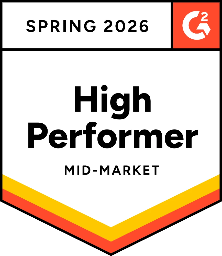 G2 Spring 2026 High Performer badge for mid-market, referencing upslide.
