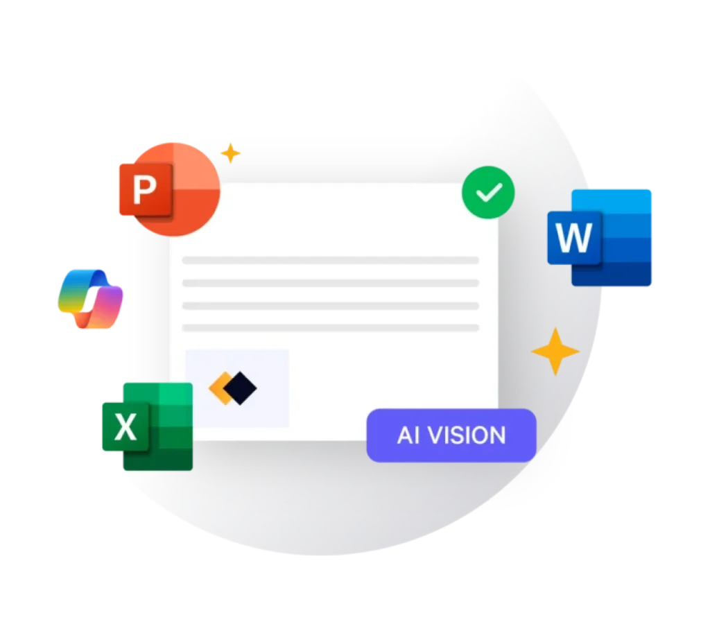 Office (Word, Excel, PowerPoint) entourant un document intitulé « AI VISION », illustrant le concept de goulot d'étranglement dans la révision par l'IA.