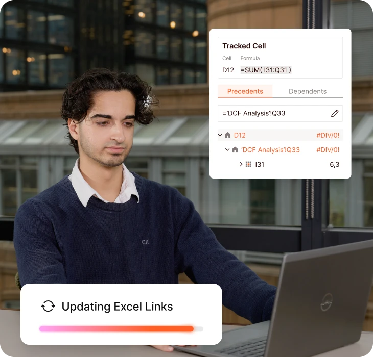 Man using Excel on laptop with tracked cell data and formula visible.