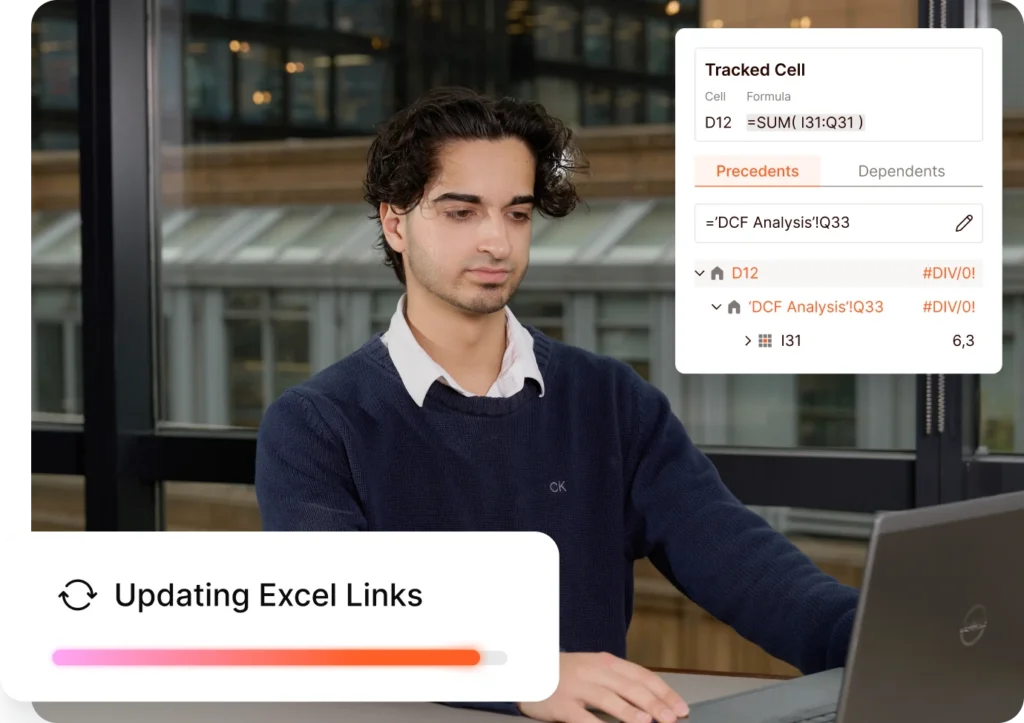Man using Excel with "Updating Excel Links" message. Spreadsheet analysis.