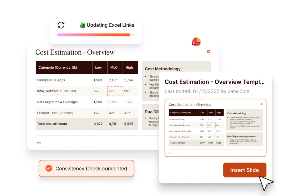 Cost estimation overview in PowerPoint with Excel links and consistency check.