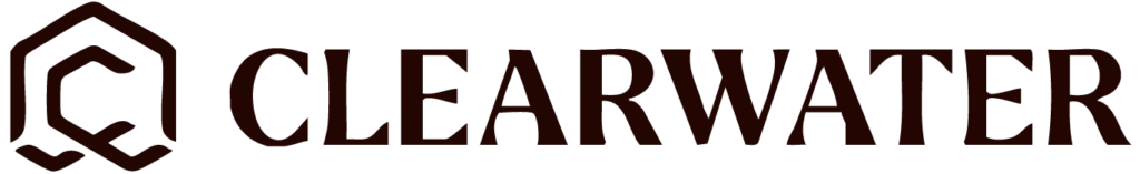 Clearwater logo featuring stylized "C" icon and the word "CLEARWATER" in bold, dark red.