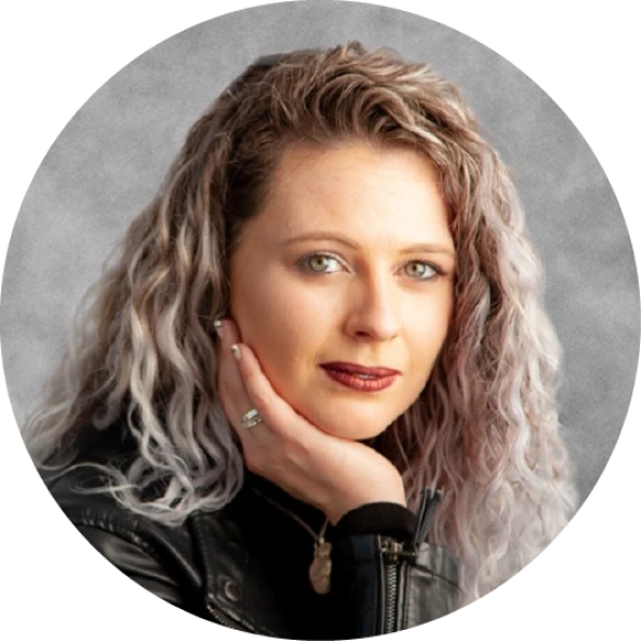 Professional woman in leather jacket. Investment banking software report analysis.