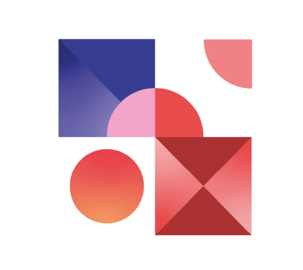 Abstract geometric shapes in blue, pink, and red, representing a financial services rebrand.