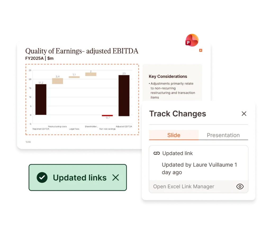 Quality of Earnings analysis: adjusted EBITDA chart with key considerations and track changes.