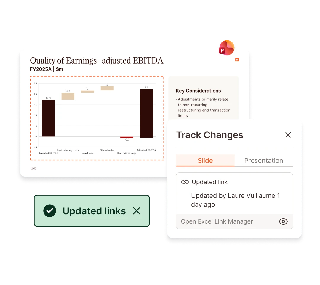 Quality of Earnings analysis: adjusted EBITDA chart with key considerations and track changes.