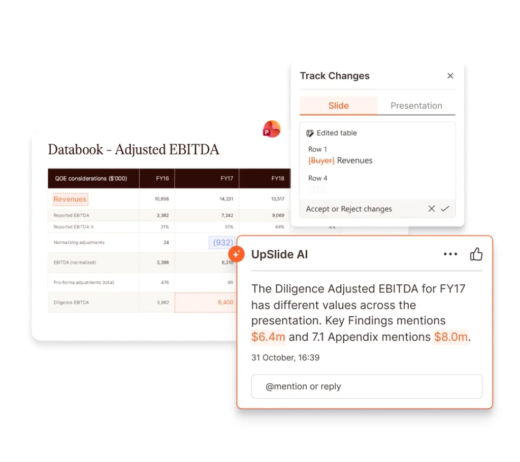 UpSlide AI flags inconsistencies in financial data across a presentation, showing EBITDA discrepancies for FY17.