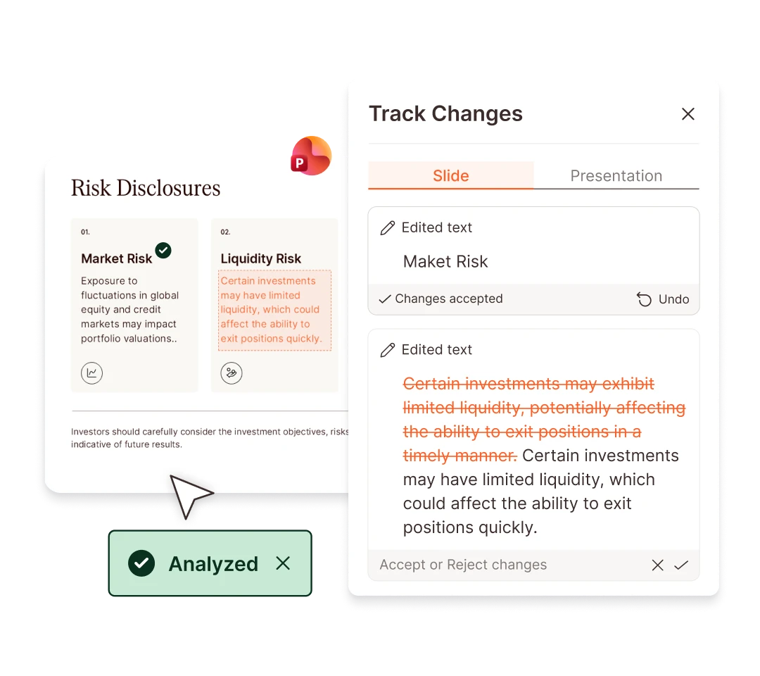 Track changes view in a presentation, showing risk disclosures and liquidity risk analysis.
