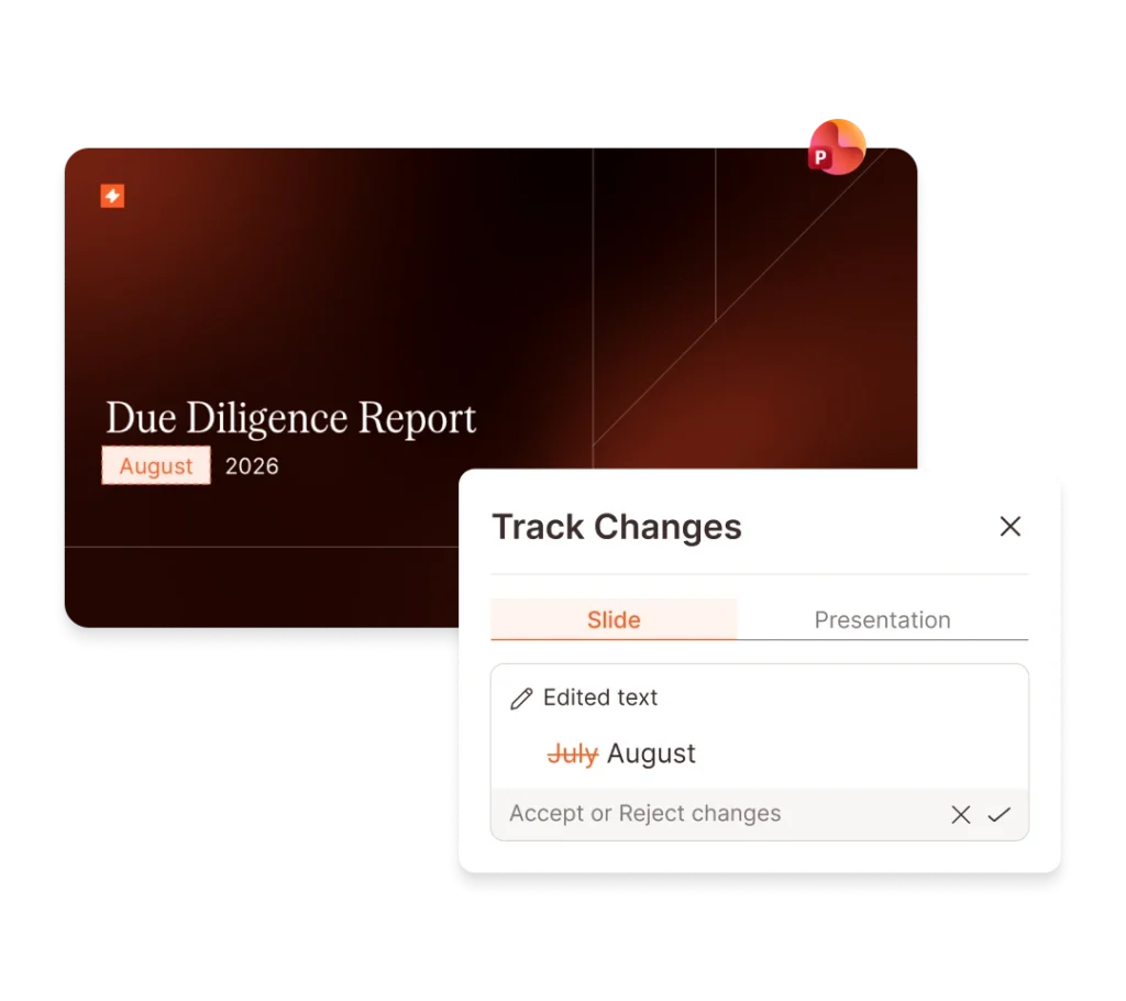 Presentation slide showing a "Due Diligence Report" with track changes, highlighting edits from July to August.
