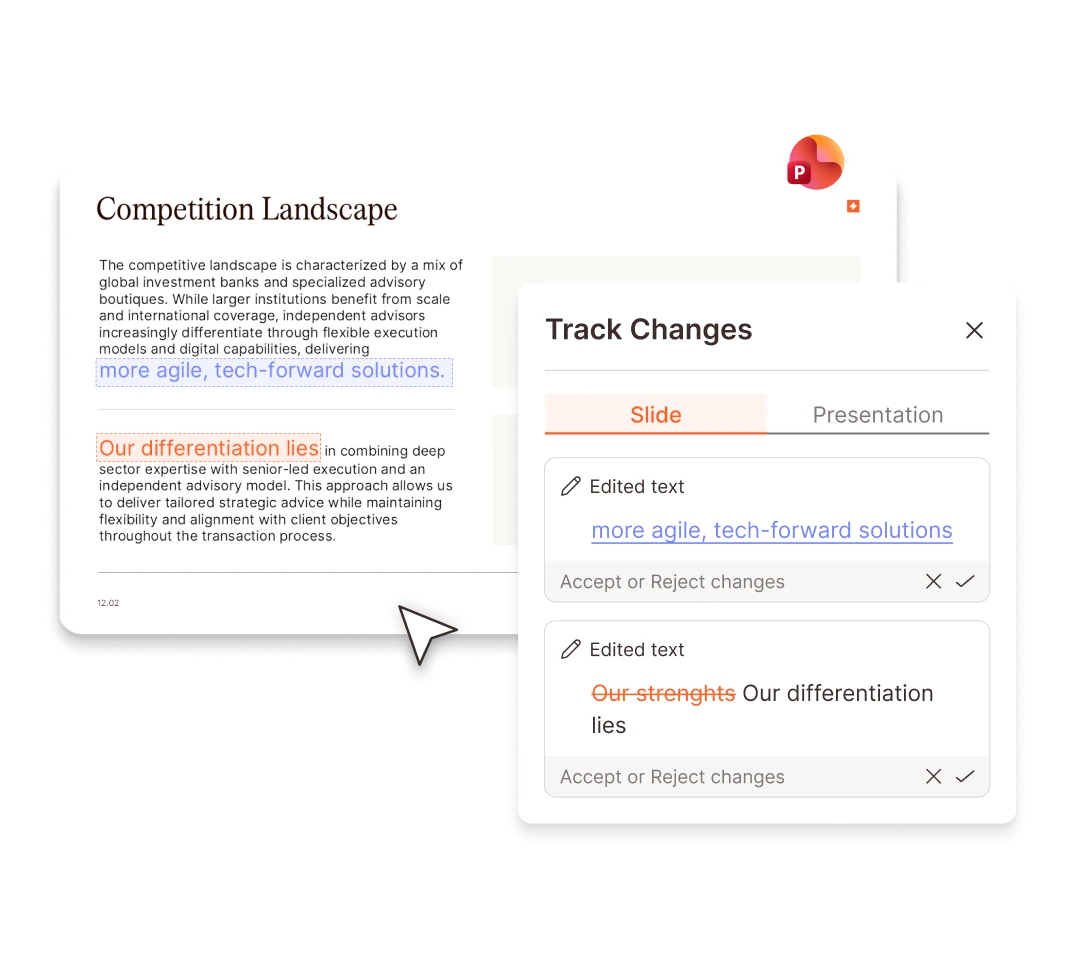 Track Changes feature in a presentation software showing suggested edits to text.