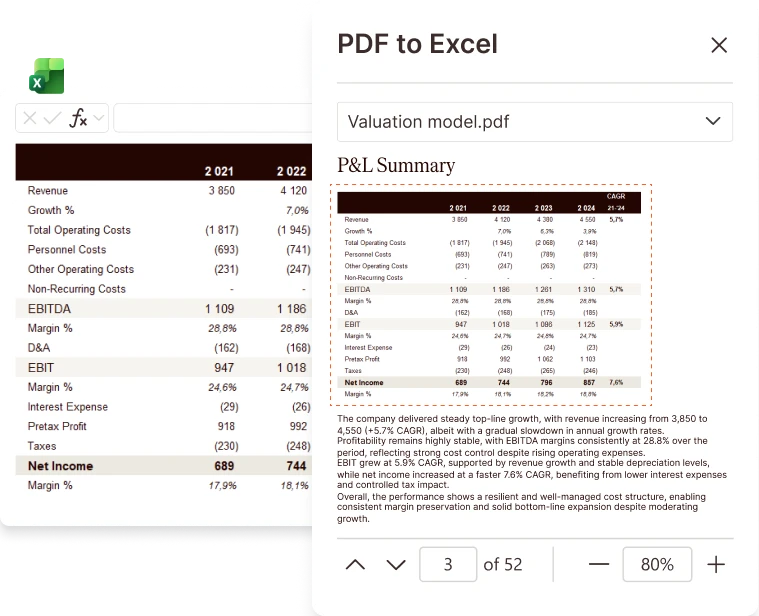 PDF to Excel conversion: valuation model with P&L summary and financial data.