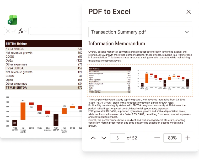 PDF to Excel conversion tool showing financial data and charts