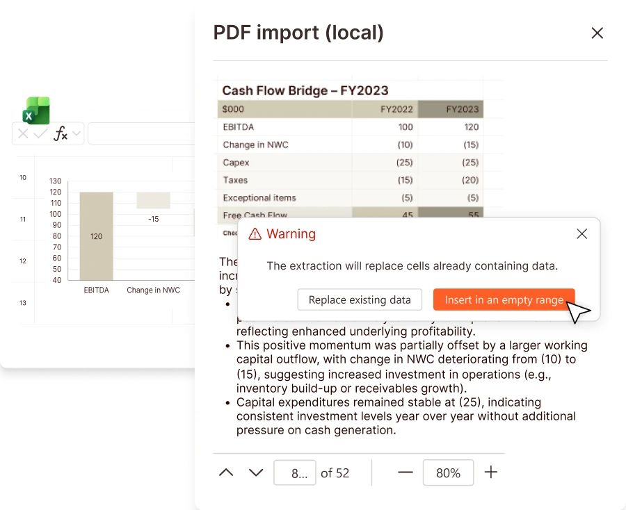 PDF import to Excel: Warning about replacing existing data in cash flow bridge FY2023