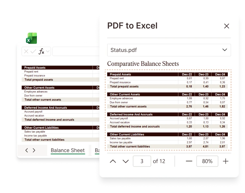 PDF to Excel conversion tool showing comparative balance sheets.