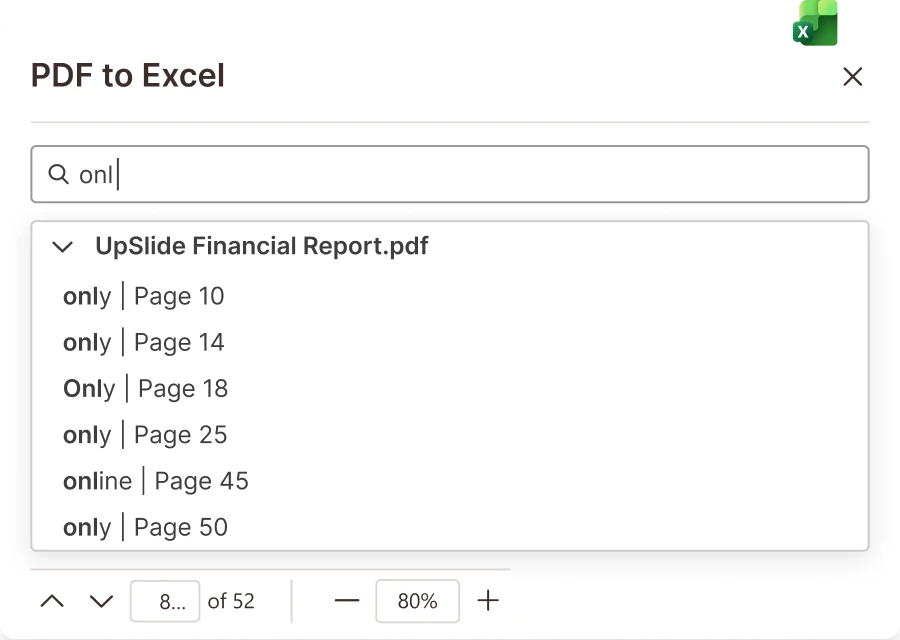 PDF to Excel tool interface showing search results for "onl" within a document