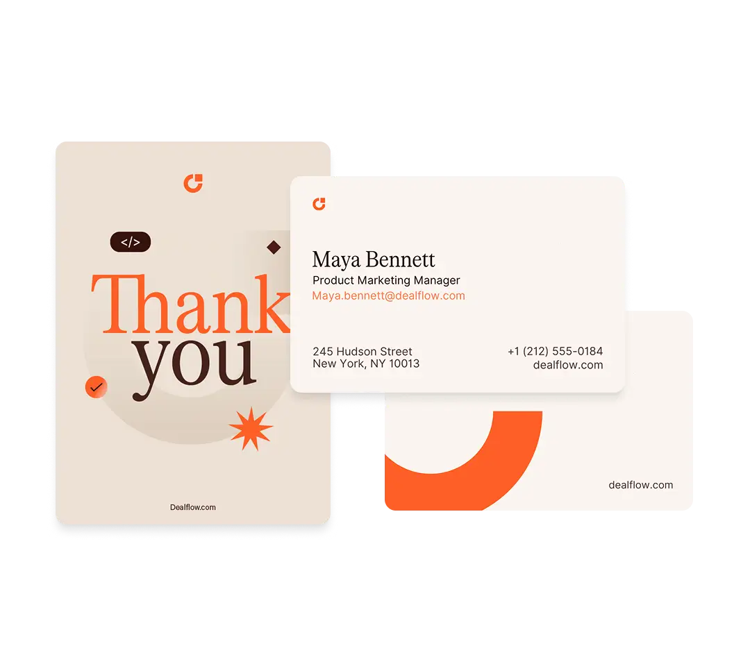 Dealflow business card and thank you card with logo and contact info