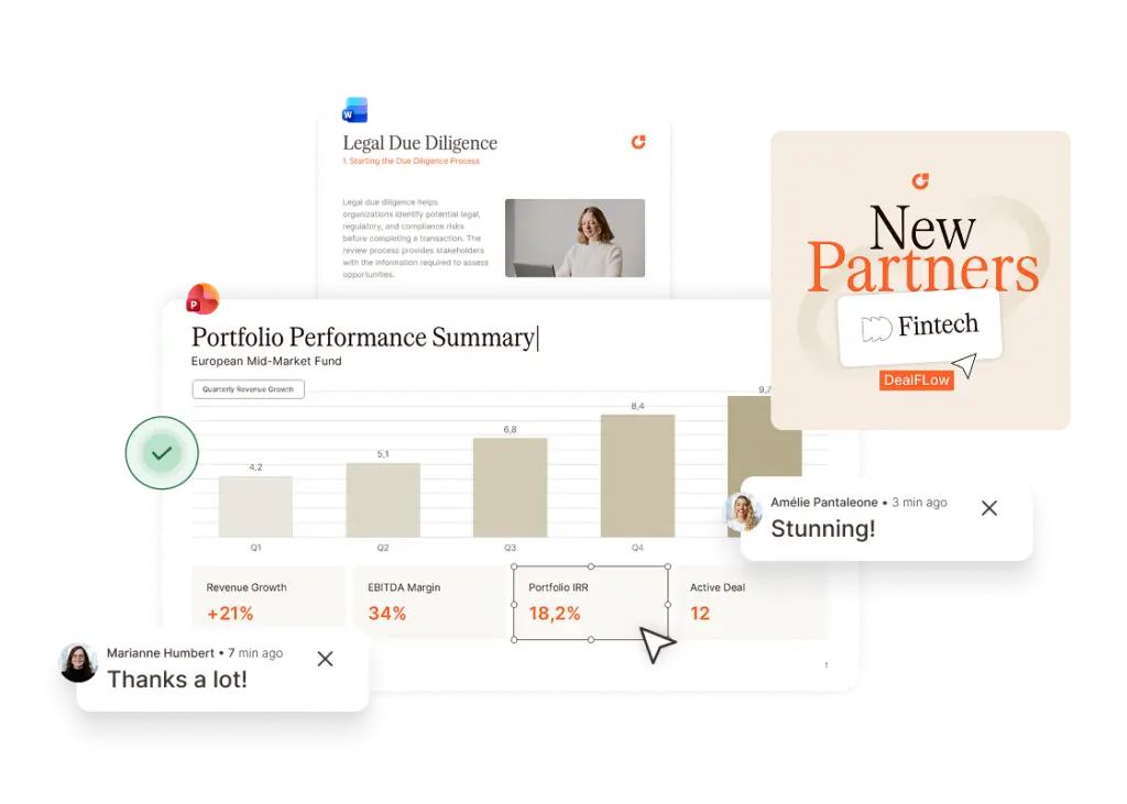 Legal Due Diligence and Portfolio Performance Summary with Fintech and New Partners branding.