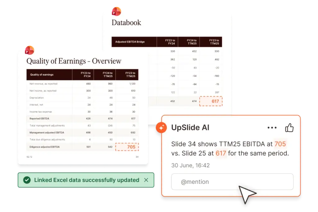 Databook showing Quality of Earnings Overview, with TTM25 EBITDA at 705