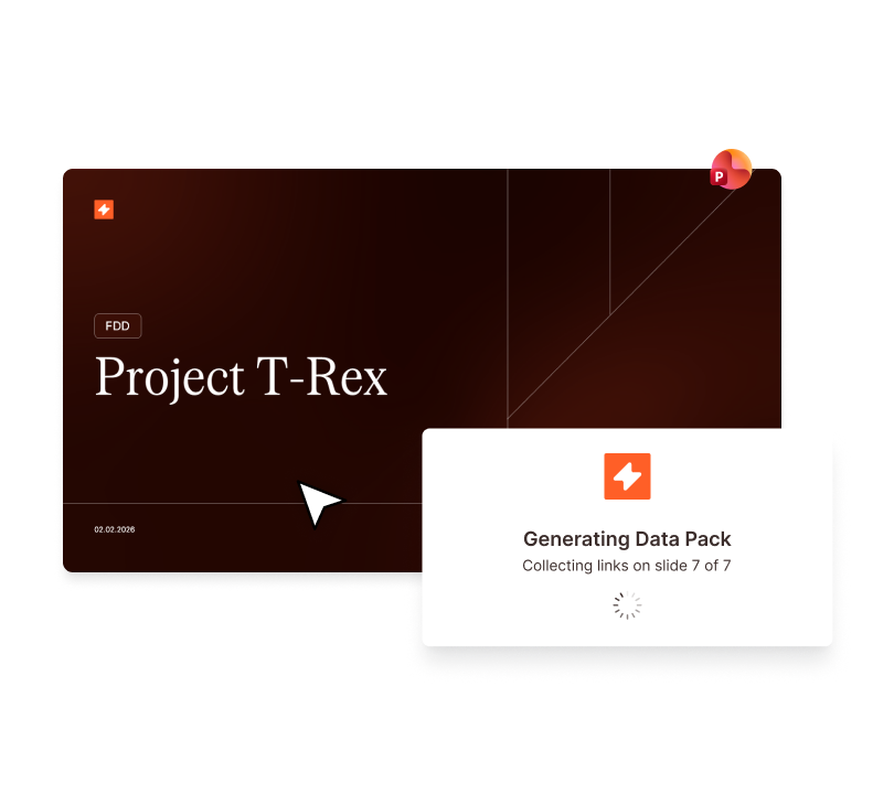 Project T-Rex presentation slide with "Generating Data Pack" overlay, linking Excel to PowerPoint.