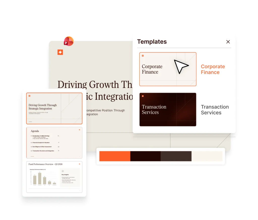 Upslide presentation software template selection screen with Corporate Finance and Transaction Services options.
